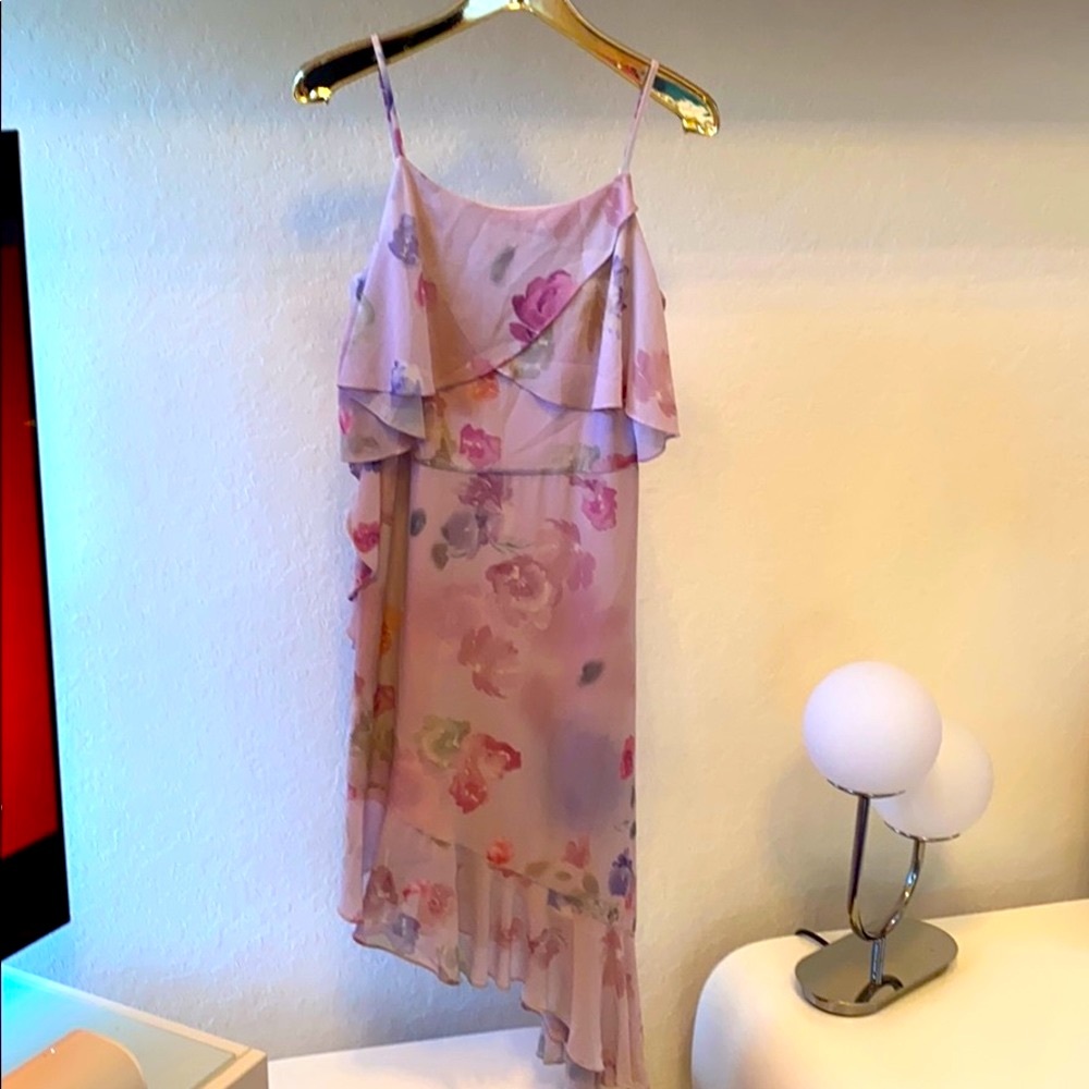 BADGLEY MISCHKA Sundress Dress Chiffon Asymmetrical Ruffle Floral Straps